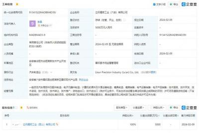 立訊精密斥資5000萬元于六安成立新公司，聚焦計算機軟硬件及配件領域